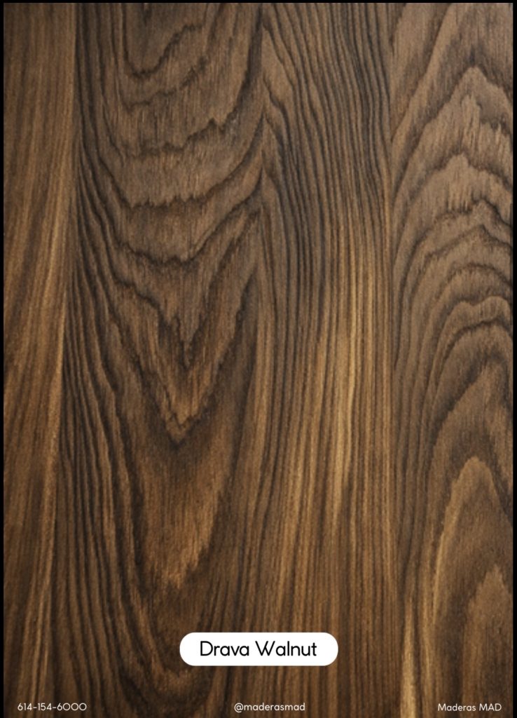 SYNCRO WOODS DRAVA WALNUT Melamina sincronizada en MDF Espesor: 15 mm Densidad: 680 kg/m³ Adhesivo: CARB P2