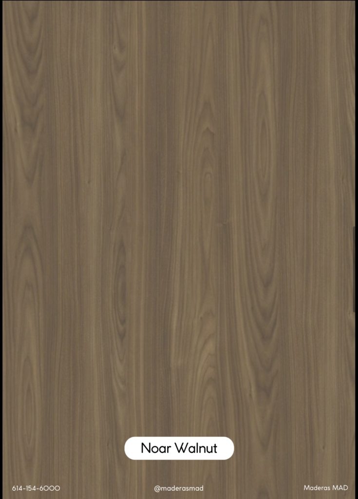 SYNCRO WOODS NOAR WALNUT Melamina sincronizada en MDF Espesor: 15 mm Densidad: 680 kg/m³ Adhesivo: CARB P2