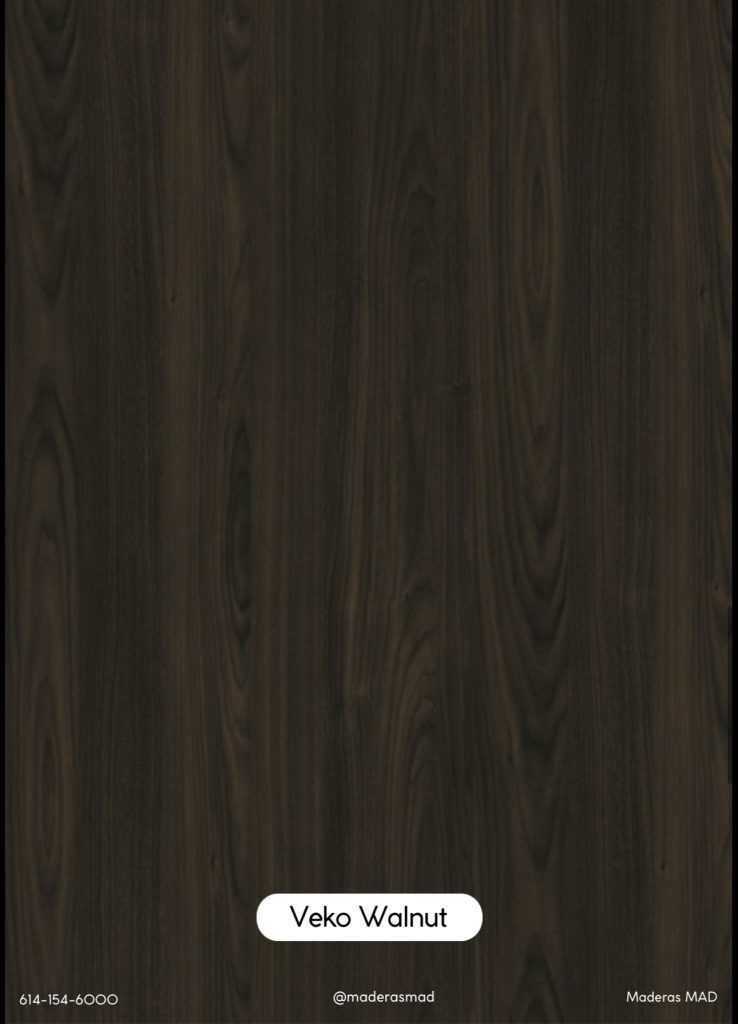SYNCRO WOODS VEKO WALNUT Melamina sincronizada en MDF Espesor: 15 mm Densidad: 680 kg/m³ Adhesivo: CARB P2