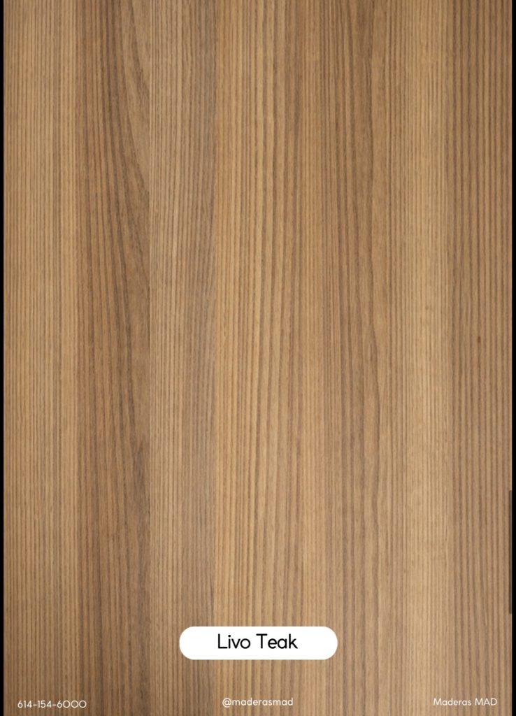 SYNCRO WOODS LIVO TEAK Melamina sincronizada en MDF Espesor: 15 mm Densidad: 680 kg/m³ Adhesivo: CARB P2